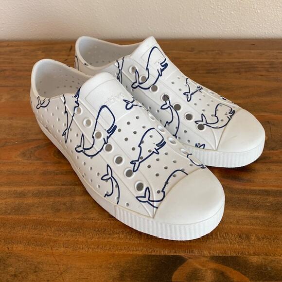 Native Shoes - Native Jefferson Slip-on White with Navy Whales Boat Water Shoes - Size 9